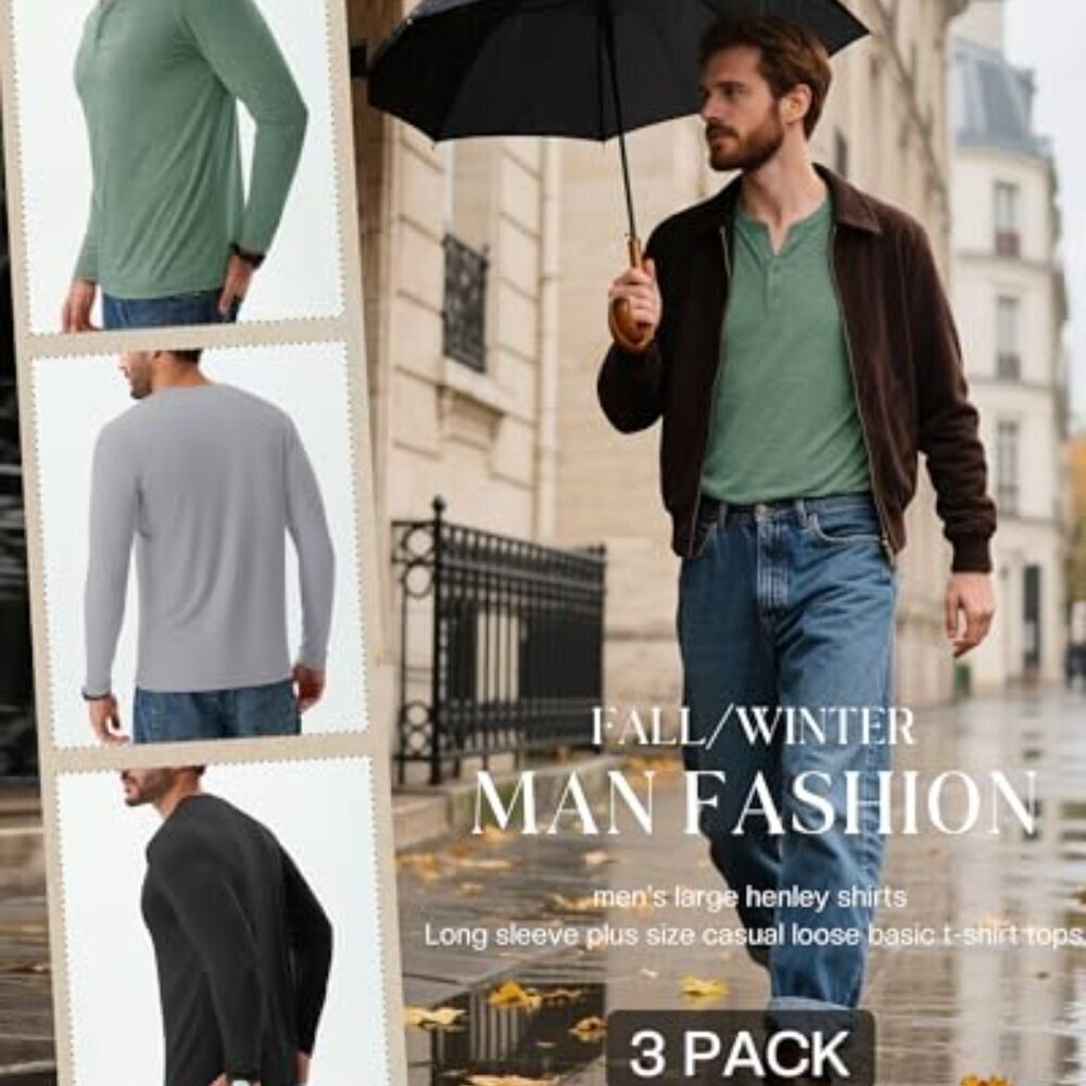 Men's Big Tall Henley T-Shirts Long Sleeve Cotton Blend Loose Fit Casual - Picture 6 of 8